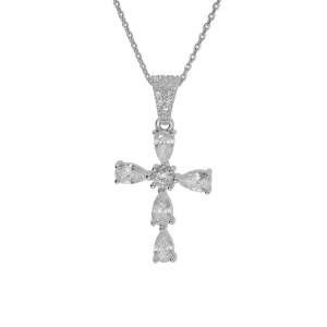 COLLIER ARGENT RHODIÉ PENDENTIF CROIX OXYDES BLANCS 38+5CM