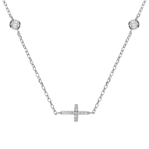 COLLIER ARGENT RHODIÉ 2 OXYDES BLANCS SERTIS CLOS AVEC CROIX OXYDES BLANCS SERTIS 40+5CM