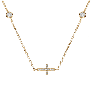 COLLIER ARGENT DORÉ 2 OXYDES BLANCS SERTIS CLOS AVEC CROIX OXYDES BLANCS SERTIS 40+5CM