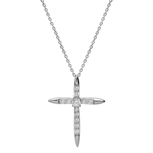 COLLIER ARGENT RHODIÉ PENDENTIF CROIX OXYDES BLANCS SERTIS  25 X 31MM  38+4CM