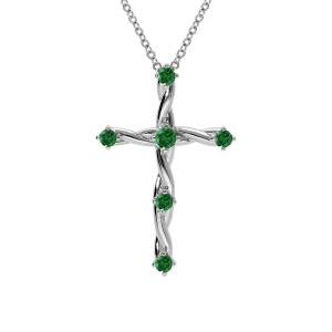 COLLIER ARGENT RHODIÉ PENDENTIF CROIX OXYDES VERTS 41+3CM