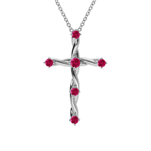 COLLIER ARGENT RHODIÉ PENDENTIF CROIX OXYDES FUSHIA 41+3CM