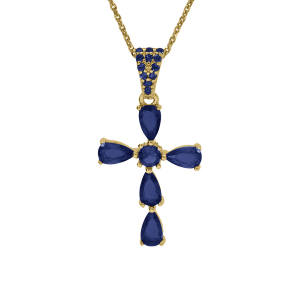 COLLIER ARGENT DORÉ PENDENTIF CROIX OXYDES BLEU FONCÉ 38+5CM