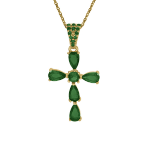 COLLIER ARGENT DORÉ PENDENTIF CROIX OXYDES VERT  38+5CM