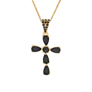 COLLIER ARGENT DORÉ PENDENTIF CROIX OXYDES NOIR 38+5CM