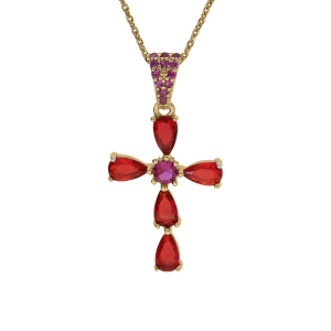 COLLIER ARGENT DORÉ PENDENTIF CROIX OXYDES ROUGES 38+5CM