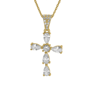 COLLIER ARGENT DORÉ  PENDENTIF CROIX OXYDES BLANCS 38+5CM