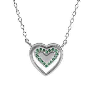 COLLIER ARGENT RHODIÉ PENDENTIF COEUR OXYDES VERTS 40+4CM