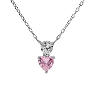 COLLIER ARGENT RHODIÉ PENDENTIF COEUR OXYDE ROSE ET BLANC  40+4CM
