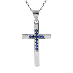 COLLIER ARGENT RHODIÉ PENDENTIF CROIX OXYDES BLEU 40+4CM