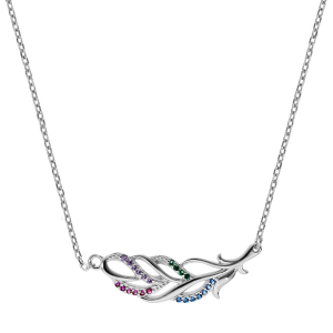 COLLIER ARGENT RHODIÉ PENDENTIF FEUILLAGE OXYDES MULTI COULEURS  40+4CM