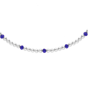 COLLIER ARGENT ET DORURE JAUNE PERLES 3MM  BLANCHE IMITATION ET VERRE BLEU 38+4CM