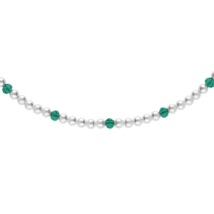 COLLIER ARGENT ET DORURE JAUNE PERLES 3MM  BLANCHE IMITATION ET VERRE VERT  38+4CM