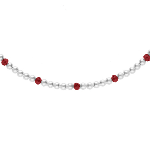 COLLIER ARGENT ET DORURE JAUNE PERLES 3MM  BLANCHE IMITATION ET VERRE ROUGE 38+4CM