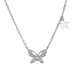 COLLIER ARGENT RHODIÉ PAPILLON OXYDES BLANCS 42+3CM