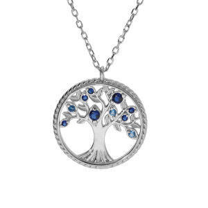 COLLIER ARGENT RHODIÉ PENDENTIF ARBRE DE VIE CONTOUR PERLÉ AVEC OXYDES DEGRADÉ BLEU 42+3CM