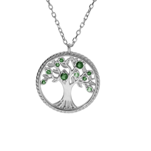 COLLIER ARGENT RHODIÉ PENDENTIF ARBRE DE VIE CONTOUR PERLÉ AVEC OXYDES VERTS  42+3CM