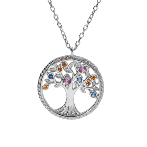 COLLIER ARGENT RHODIÉ PENDENTIF ARBRE DE VIE CONTOUR PERLÉ AVEC OXYDES MULTI COULEURS 42+3CM