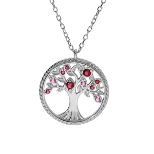 COLLIER ARGENT RHODIÉ PENDENTIF ARBRE DE VIE CONTOUR PERLÉ AVEC OXYDES DEGRADÉ ROSE 42+3CM