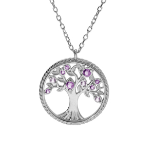 COLLIER ARGENT RHODIÉ PENDENTIF ARBRE DE VIE CONTOUR PERLÉ AVEC OXYDES VIOLET 42+3CM
