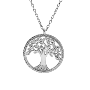 COLLIER ARGENT RHODIÉ PENDENTIF ARBRE DE VIE CONTOUR PERLÉ AVEC OXYDES BLANCS 42+3CM