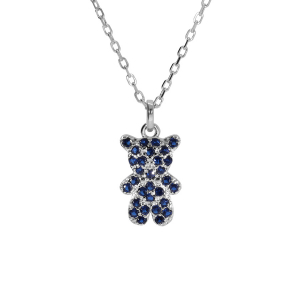 COLLIER ARGENT RHODIÉ OURSON OXYDES BLEU 38+6CM