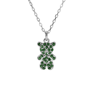 COLLIER ARGENT RHODIÉ OURSON OXYDES VERTS 38+6CM