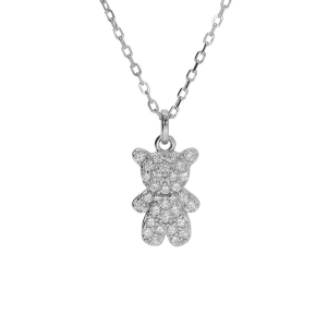 COLLIER ARGENT RHODIÉ OURSON OXYDES BLANCS 38+6CM