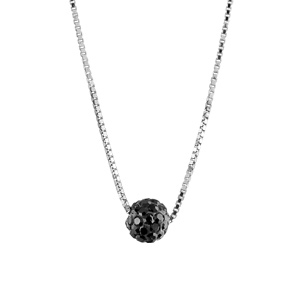 COLLIER ARGENT RHODIÉ PT BOULE RÉSINE NOIRE STRASS NOIRS REGLABLE 38+5CM