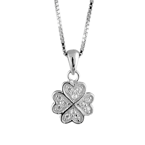 COLLIER ARGENT RHODIÉ PENDENTIF TREFLE FORME 4 COEURS PIERRES SYNTHETIQUE BLANCHES 42+3CM