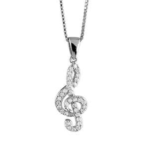 COLLIER ARGENT RHODIÉ PENDENTIF CLEF DE SOL PIERRES BLANCHES SYNTHETIQUE 42+3CM