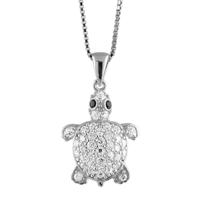 COLLIER ARGENT  RHODIÉ PENDENTIF TORTUE PIERRES SYNTHETIQUE BLANCHES 42+3CM
