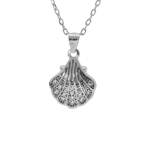 COLLIER ARGENT RHODIÉ PENDENTIF COQUILLE ST JACQUES DE COMPOSTELLES OXYDES BLANCS SERTIS 40+5CM