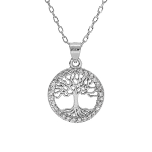 COLLIER ARGENT RHODIÉ PENDENTIF ARBRE DE VIE CONTOUR OXYDES BLANCS SERTIS 40+5CM