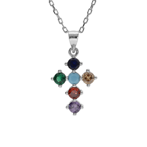 COLLIER ARGENT RHODIÉ PENDENTIF CROIX 15X10MM OXYDES MULTI COULEURS SERTIS 40+5CM