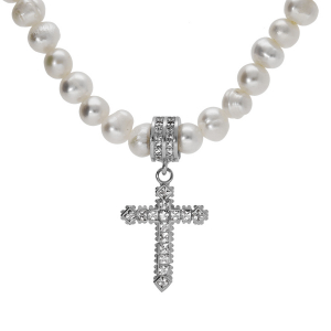 COLLIER PERLES DE CULTURE D'EAU DOUCE CROIX OXYDES BLANCS SERTIS 40+5CM