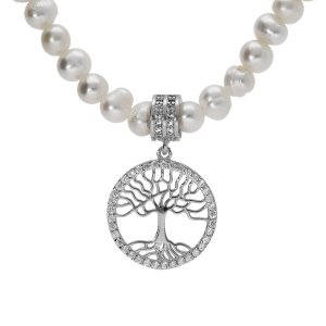 COLLIER PERLES DE CULTURE D'EAU DOUCE ARBRE DE VIE OXYDES BLANCS SERTIS 40+5CM