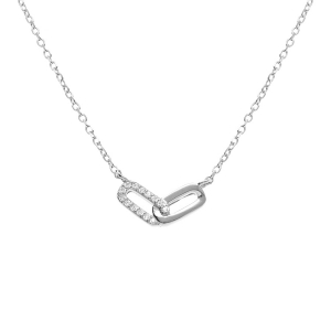 COLLIER ARGENT RHODIÉ 2 RECTANGLES ENTRELACÉS 1 LISSE 1 AVEC OXYDES BLANCS SERTIS 39+4CM