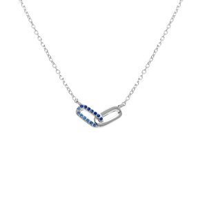 COLLIER ARGENT RHODIÉ 2 RECTANGLES ENTRELACÉS 1 LISSE 1 AVEC OXYDES BLEUS SERTIS 39+4CM