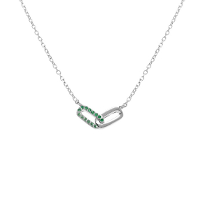 COLLIER ARGENT RHODIÉ 2 RECTANGLES ENTRELACÉS 1 LISSE 1 AVEC OXYDES VERTS SERTIS 39+4CM