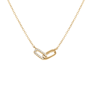 COLLIER ARGENT DORÉ 2 RECTANGLES ENTRELACÉS 1 LISSE 1 AVEC OXYDES BLANCS SERTIS 39+4CM