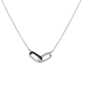 COLLIER ARGENT RHODIÉ 2 RECTANGLES ENTRELACÉS 1 LISSE 1 AVEC OXYDES BLANCS ET NOIRS SERTIS 39+4CM