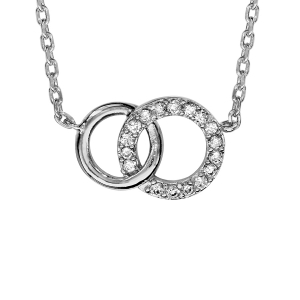 COLLIER ARGENT RHODIÉ 2 CERCLES ENTREMELES PIERRES BLANCHES SYNTHETIQUE 40+2CM