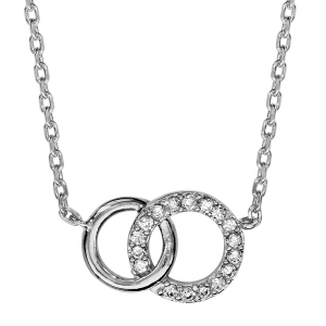 COLLIER ARGENT RHODIÉ 2 CERCLES ENTREMELES PIERRES BLANCHES SYNTHETIQUE 40+2CM