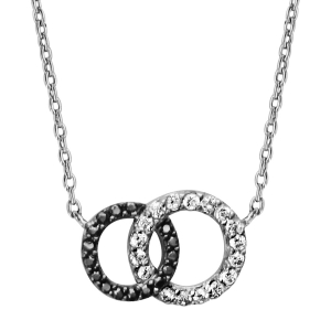 COLLIER ARGENT RHODIÉ 2 CERCLES ENTREMELES PIERRES BLANCHES ET NOIRES SYNTHETIQUE 40+2CM