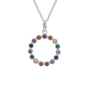 COLLIER ARGENT RHODIÉ CERCLE OXYDES MULTI COULEURS 42+3CM