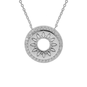 COLLIER ARGENT RHODIÉ DISQUE MOTIF SOLEIL ÉVIDÉ ENTOURAGE OXYDES BLANCS 42+3CM