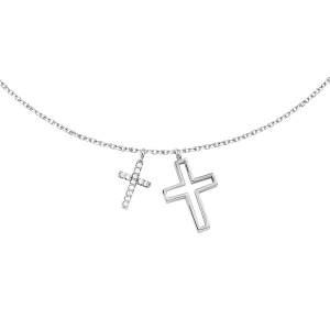 COLLIER ARGENT RHODIÉ DOUBLE CROIX LISSE  AVEC PAVAGE OXYDES BLANCS 42+3CM