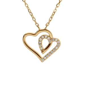COLLIER ARGENT DORÉ  PENDENTIF DOUBLE COEUR CONTOUR OXYDES BLANCS 42+3CM