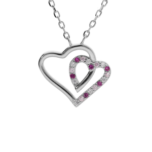 COLLIER ARGENT RHODIÉ PENDENTIF DOUBLE COEUR CONTOUR OXYDES BLANCS ET ROSES 42+3CM